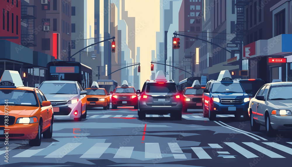 Naklejka premium The street was alive with the hustle and bustle of the morning commute, a symphony of car horns and footsteps.