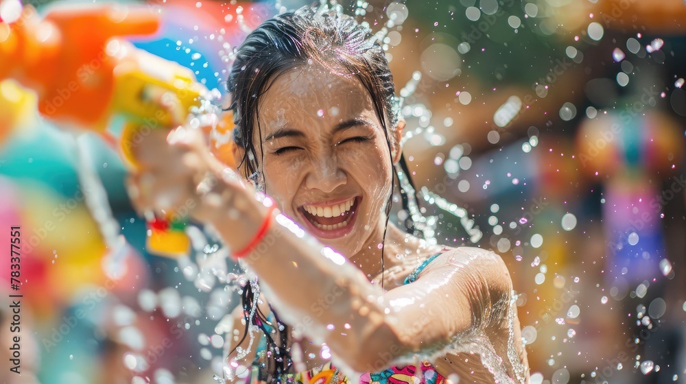 Smiling Asian woman was splashed by water. She is using a water gun for Songkran Festival.