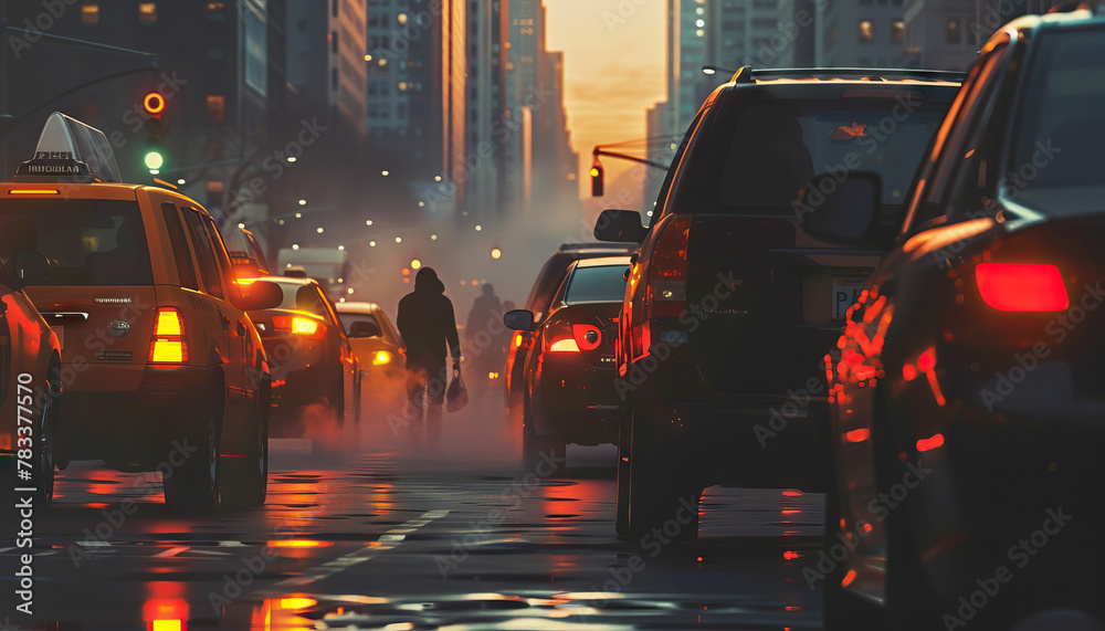 The street was alive with the hustle and bustle of the morning commute, a symphony of car horns and footsteps. - obrazy, fototapety, plakaty 