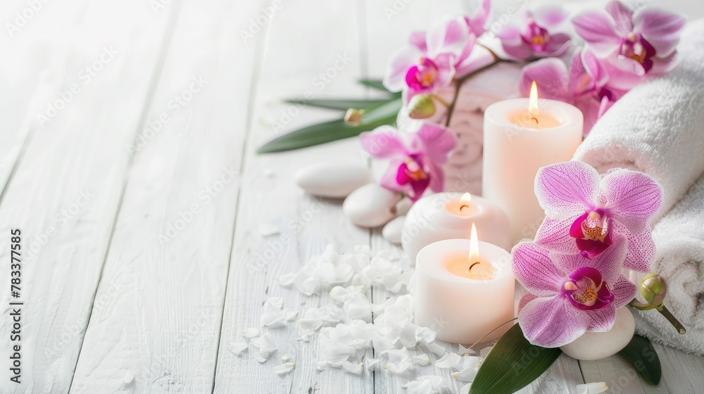 Spa composition with aromatic candles, orchid flower and towel on white wooden table. Beauty spa treatment. copy space