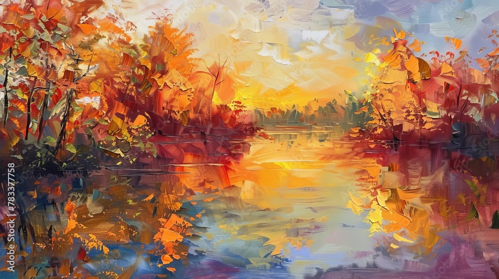 golden autumn sunset reflecting on a tranquil river impressionist landscape painting