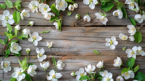 Spring blooming branches on wooden background. Apple blossoms