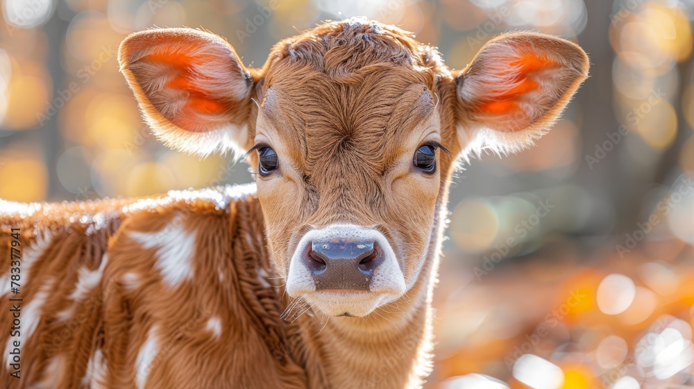 A tight shot of a cow with brown and white spots gazing directly at the camera, surrounded by a hazy backdrop of trees A tight shot of a cow with brown and white spots gazing directly at the camera, surrounded by a hazy backdrop of trees