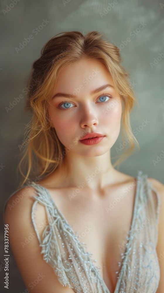 A beautiful blonde with blue eyes and a loving look in a summer cotton dress, with a deep neckline, close-up