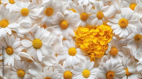 Spring or summer background with copy space for text  chamomiles and petals  white flower with yellow heart. Top view. Flat lay.