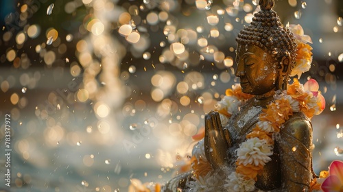 Sprinkle water onto buddha with water with flowers   thai traditional perfume and Jasmine garland to worship during the Thai Songkran festival.