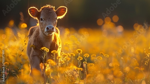  A baby cow gazes at the sun amidst a dandelion-filled field