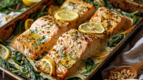 A pan of salmon, topped with lemons, spinach, and pine nuts, rests on a table A wooden spoon is nearby