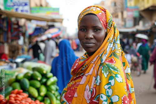 Sudanese Woman in Traditional Clothing Standing in a Busy Market photo