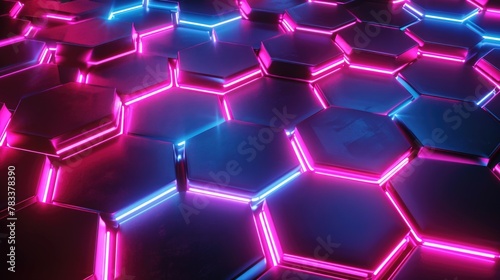 Neon hexagons background or screensaver. View from above. AI generative.