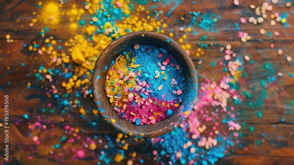 top veiw colorful holi powder in bowl on wooden table closeup on the table happy holi festival of colors art - obrazy, fototapety, plakaty 