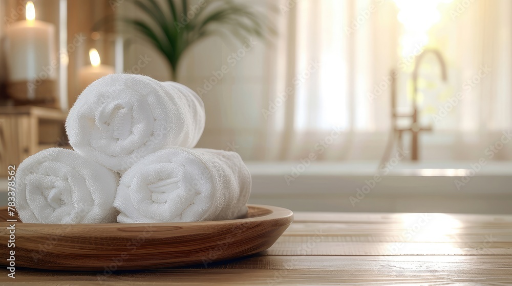 Towels on wood plate with copy space blurred bathroom background. For product display montage. Towels on wood plate with copy space blurred bathroom background. For product display montage.