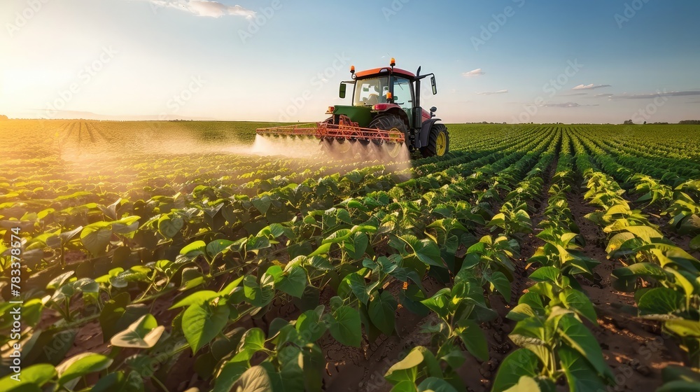 Tractor spraying pesticides on soybean field with sprayer at spring Tractor spraying pesticides on soybean field with sprayer at spring