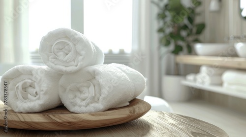 Towels on wood plate with copy space blurred bathroom background. For product display montage.