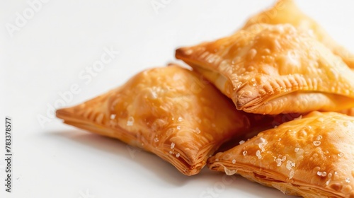 Traditional Israeli pastry Bourekas with cheese on white background with copy space. photo