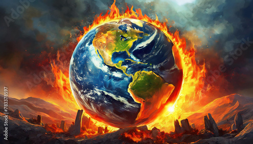 Earth globe under the extreme heat of the sun, Europe burning into flame, destroyed by fire, conceptual illustration of global warming, temperature increase and climate change