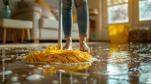 a person with a mop on the floor of a house photo