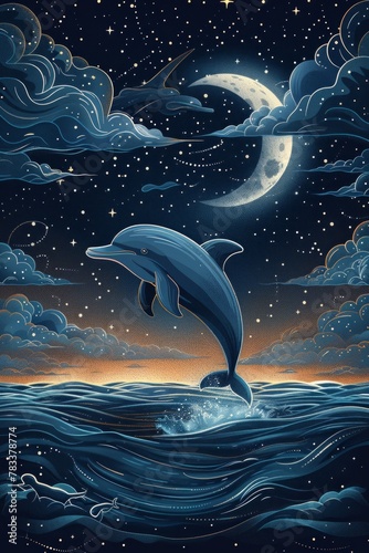 Magical Nighttime Dolphin Leap under Starry Sky with Crescent Moon