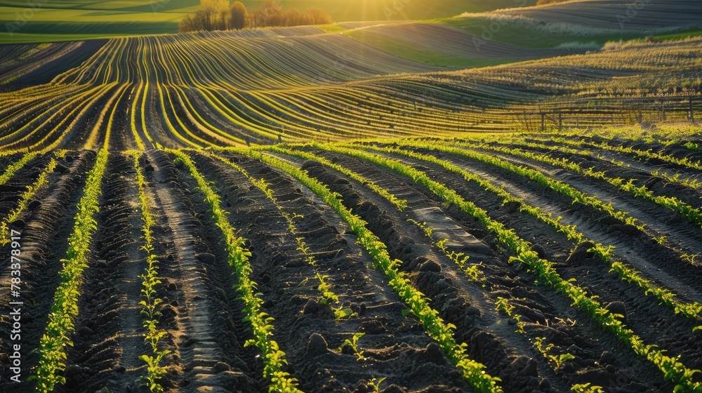 wavy fields with lines of winter crops in spring at evening sky wavy fields with lines of winter crops in spring at evening sky