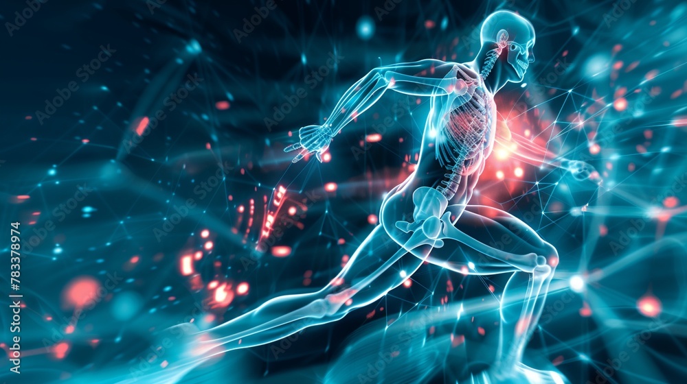 a running man with glowing lines and dots around him a running man with glowing lines and dots around him