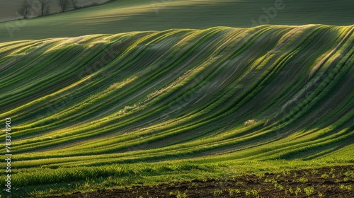 wavy fields with lines of winter crops in spring at evening sky