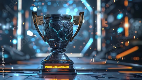 a shiny trophy sitting on top of a table in a room with red and blue lights behind it © progressman