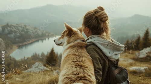 woman embracing sweetly his dog while looking the view © buraratn
