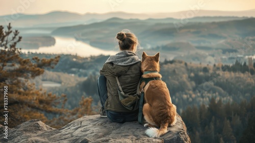 woman embracing sweetly his dog while looking the view