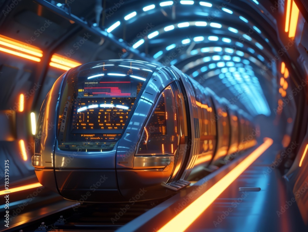 A futuristic train station, featuring a high-speed transit system with sleek design elements, portraying modern public transportation innovation.