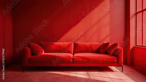 A large red sofa in a bright red room.