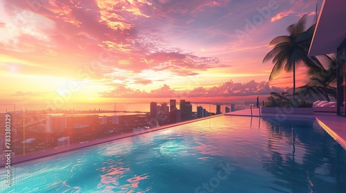 impressive luxury penthouse terrace with infinity pool overlooking miami skyline at sunset 3d illustration © Bijac