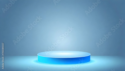 A simple and clean design featuring a circular blue podium with a subtle glow against a light blue backdrop emphasizes modernity