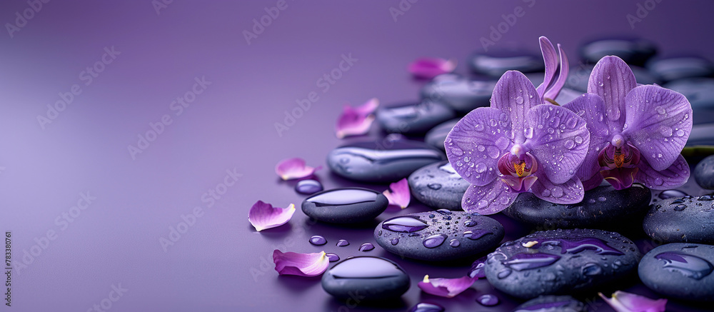 Fototapeta premium Spa treatment concept. Flowers of orchid and stones. Beautiful background with copy space