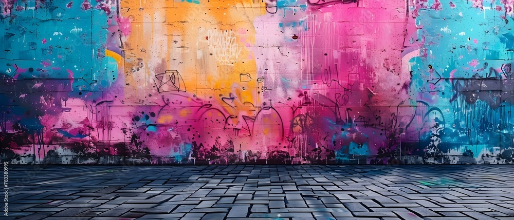 Colorful Urban Canvas: Graffiti Strokes & Space for Artistic Expression. Concept Graffiti Art, Urban Landscape, Street Photography, Creative Expression, Colorful Canvases - obrazy, fototapety, plakaty 