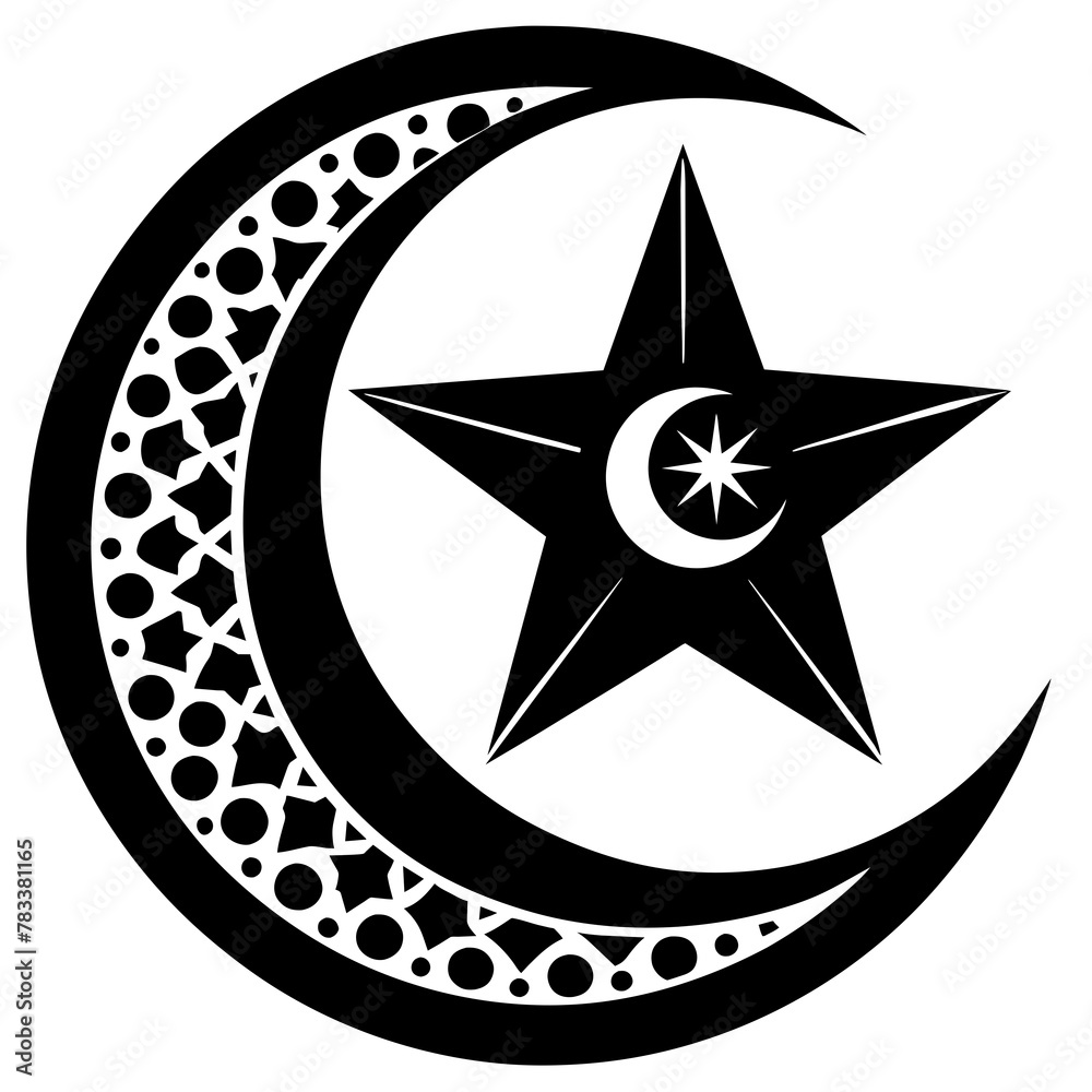 A silhouette of an Islamic mosque with domes and minarets is depicted against a decorative night sky backdrop A silhouette of an Islamic mosque with domes and minarets is depicted against a decorative night sky backdrop