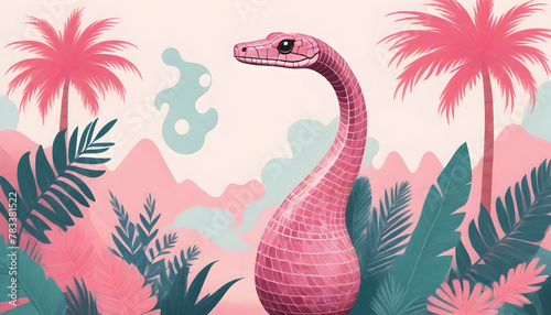 A whimsical portrayal of a pink serpent among tropical leaves and palm trees, conveying a sense of mystery and adventure © JohnTheArtist