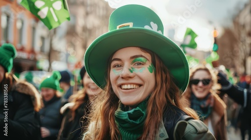 joyful people in green hats celebrating at vibrant st patricks day parade festive community event