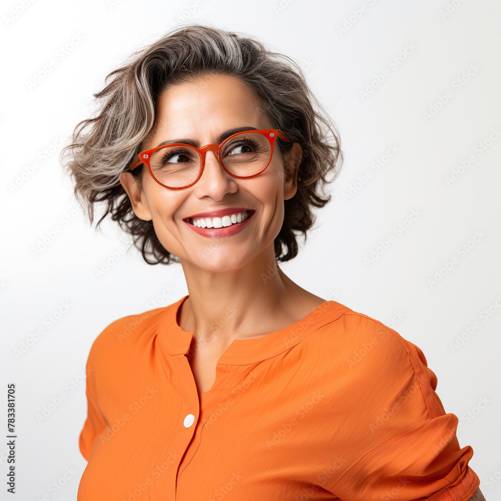 Obraz premium A woman with short hair and glasses is smiling and wearing an orange shirt. She is happy and confident