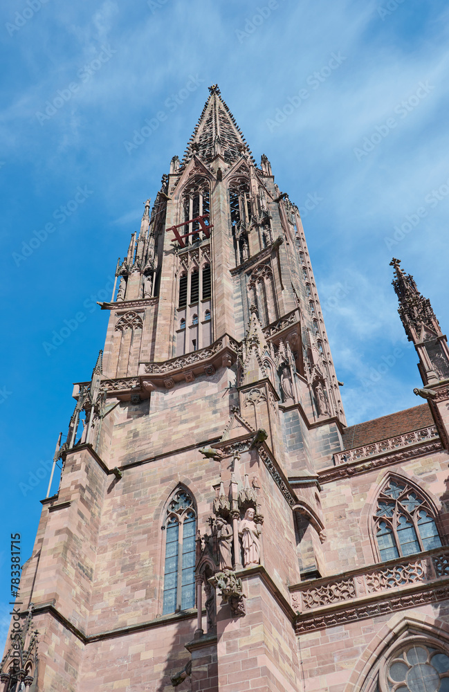 The church tower of Freiburg Minster on a sunny day, Germany