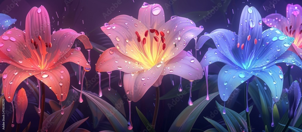 Fototapeta premium Flowers covered in glistening water droplets, adding a fresh and vibrant touch to the garden scene
