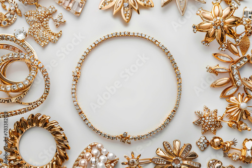 A collection of gold and diamond jewelry, including a gold necklace and a gold flower brooch. The jewelry is arranged in a circle on a white background, creating a sense of unity and harmony