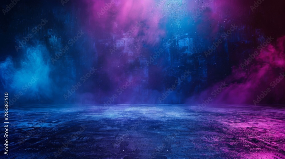 Dynamic purple and blue paint splashes on a dark artistic background. Vibrant abstract paint texture with space for text.