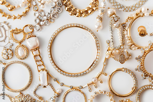 A collection of gold and white jewelry, including bracelets, necklaces, and earrings