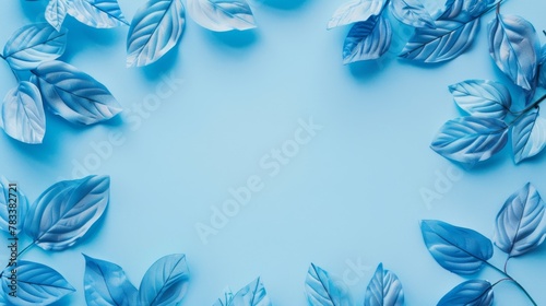 Cerulean blue leaves encircling a light blue copy space. Modern botanical illustration suitable for environmental themes and minimalist designs.