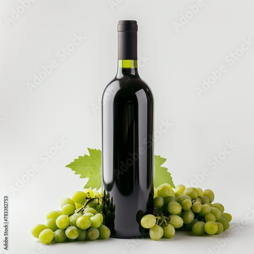 A dark bottle of white wine, with green grapes on the ground on a white background.