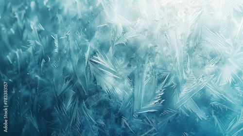 Close-up of frost patterns resembling feathers and leaves on a windowpane. Textured background of natural ice crystals. Delicate and detailed frostwork on a blue-toned surface.