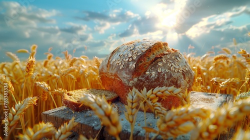  A loaf of bread atop a wooden plank in a wheat field, surrounded by cloudy blue sky