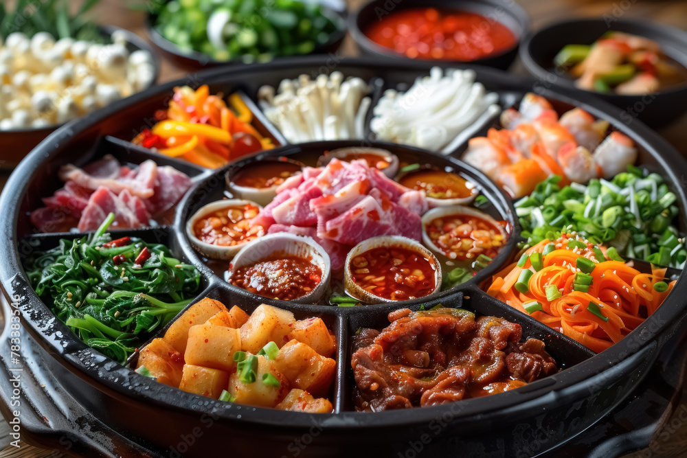 delicious assorted fresh ingredients for korean hot pot, colorful vegetables, meat and sauces close up
