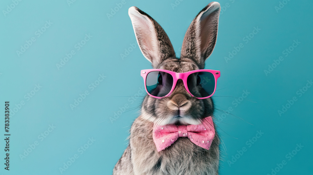 Bunny easter concept holiday animal celebration greeting card - Cool easter bunny, rabbit with pink sunglasses and bow tie, isolated on blue, close up,