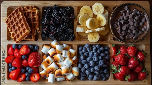  A wooden cutting board bears various fruits and waffles, adjacent to a bowl filled with chocolate chips